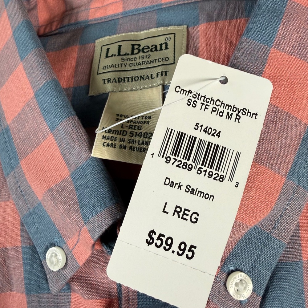 LL Bean Button Down Shirt Comfort Stretch Chambray Mens L Salmon Plaid SS Shirt - Picture 2 of 6